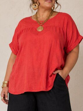 SAIPH 100% Italian Linen Dolman Sleeve Tunic Top Lagenlook Poppy Runs Like Sz 1X